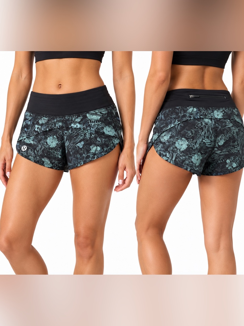 Lululemon Speed Shorts Size 2 Black Teal Floral Running Athletic Yoga Shorts